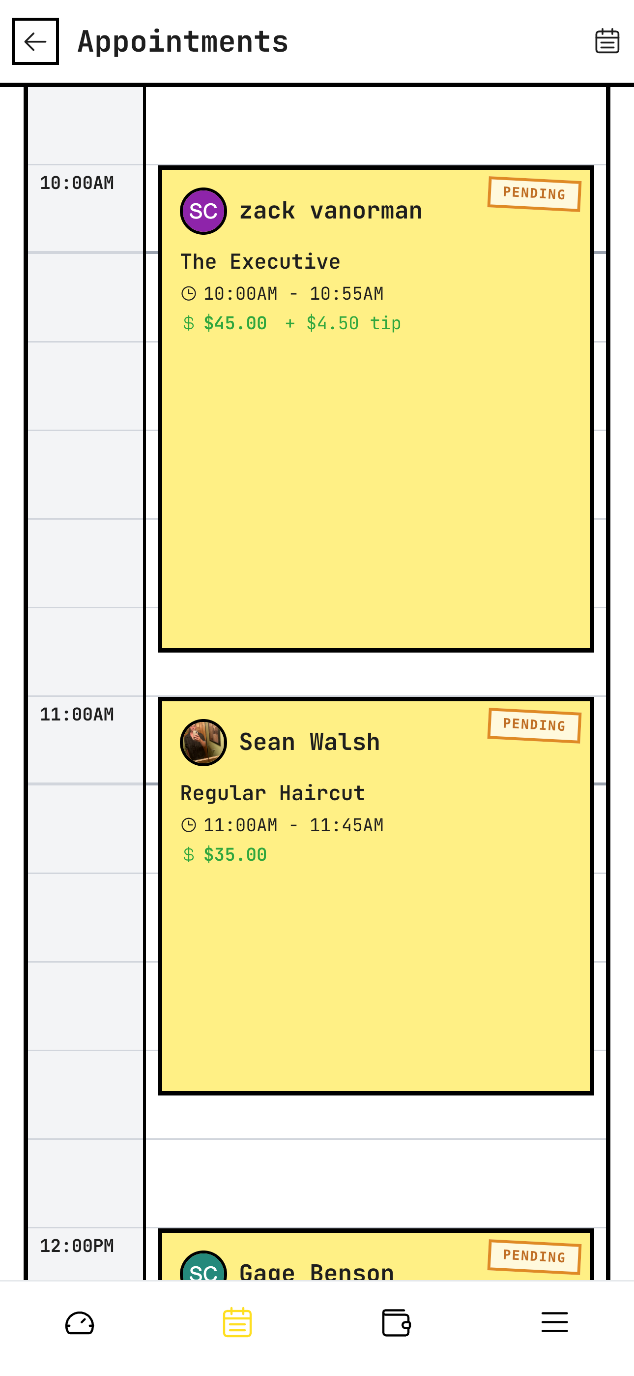 Barber daily schedule view
