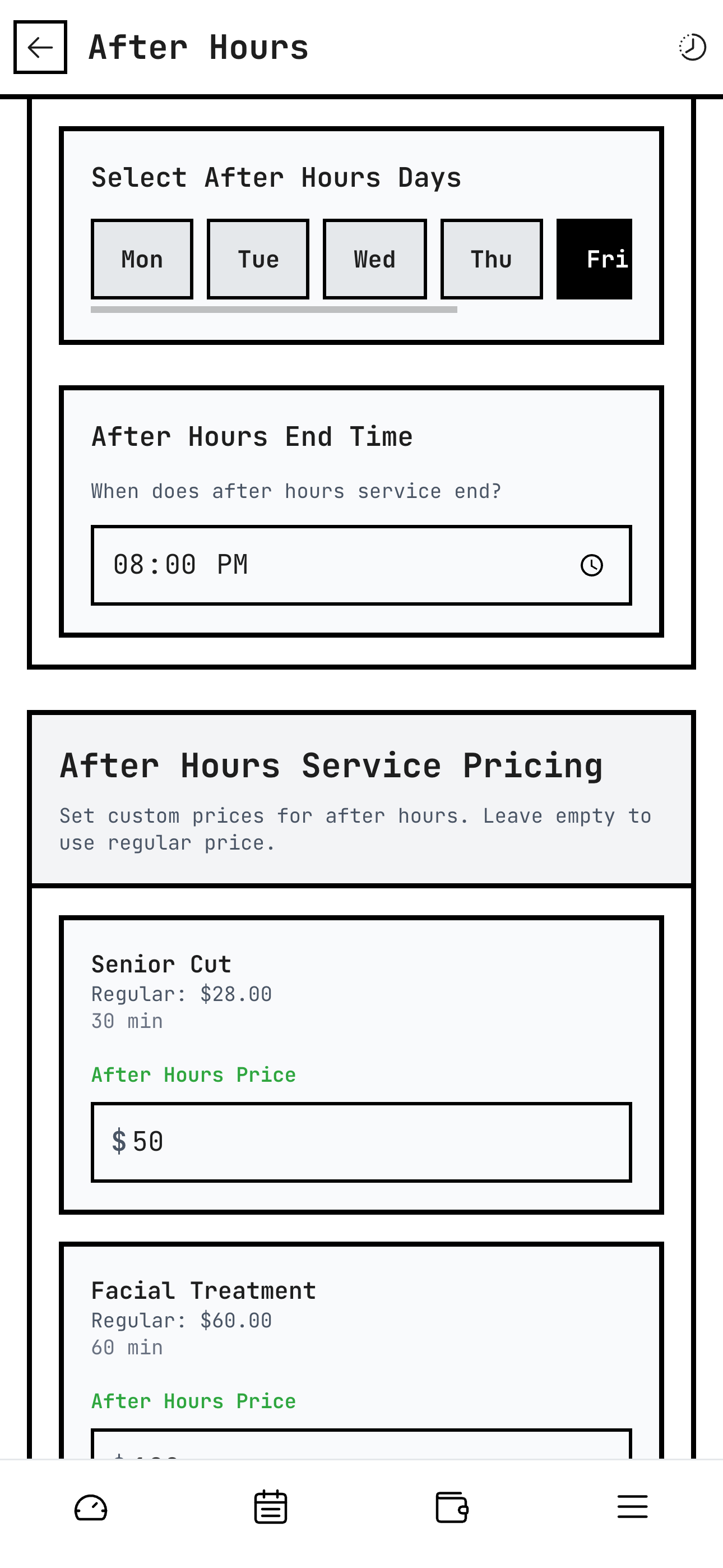 After-hours pricing screen