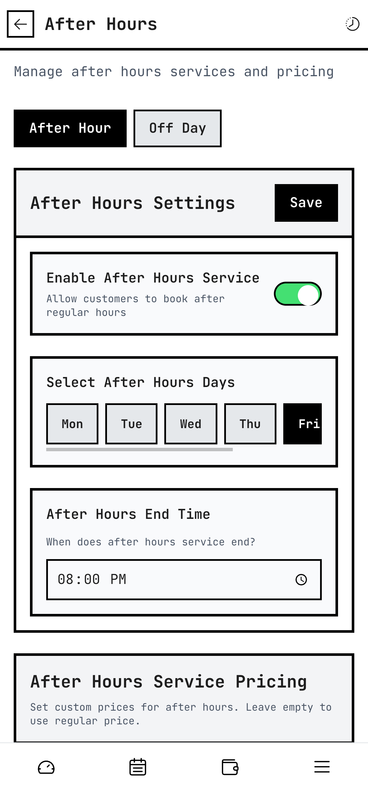 After-hours settings screen