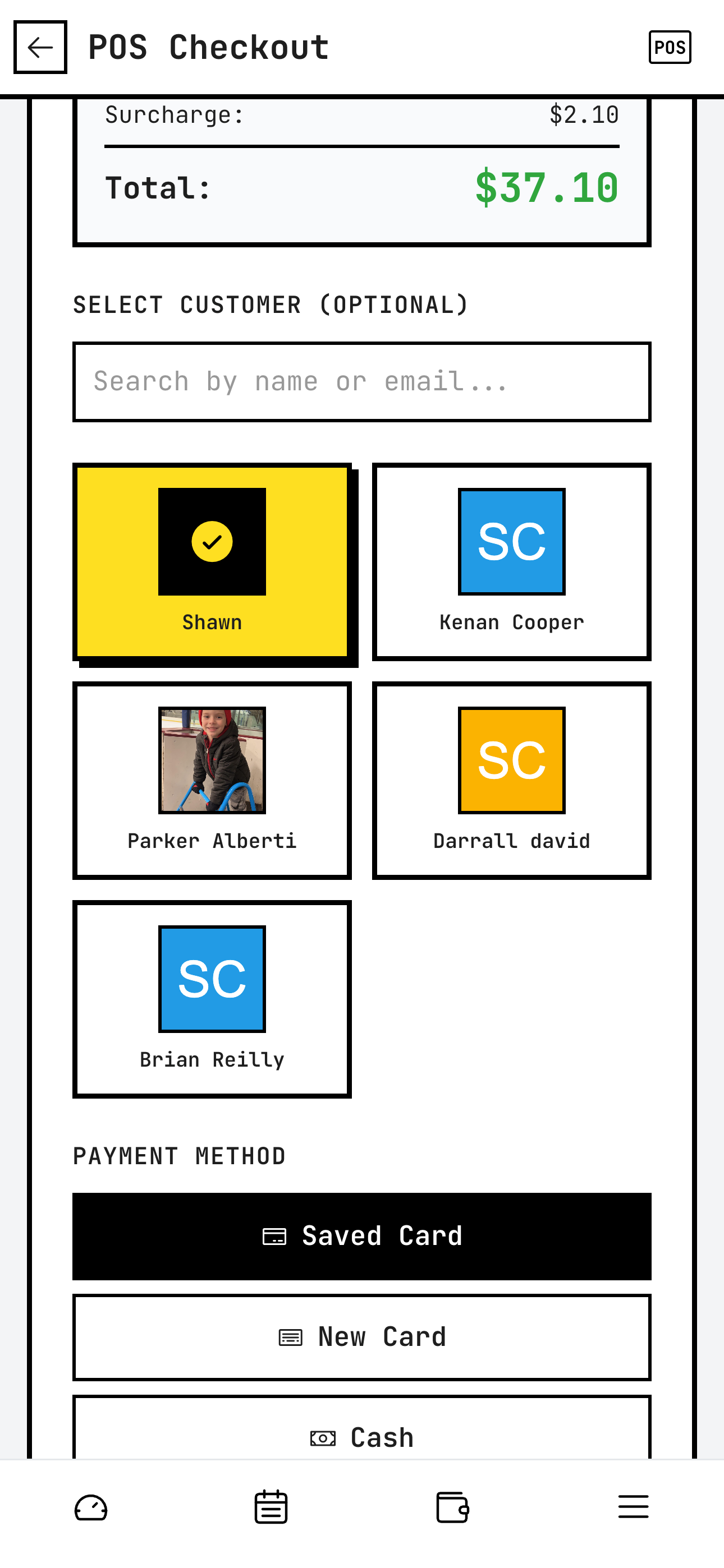 POS customer and saved cards screen