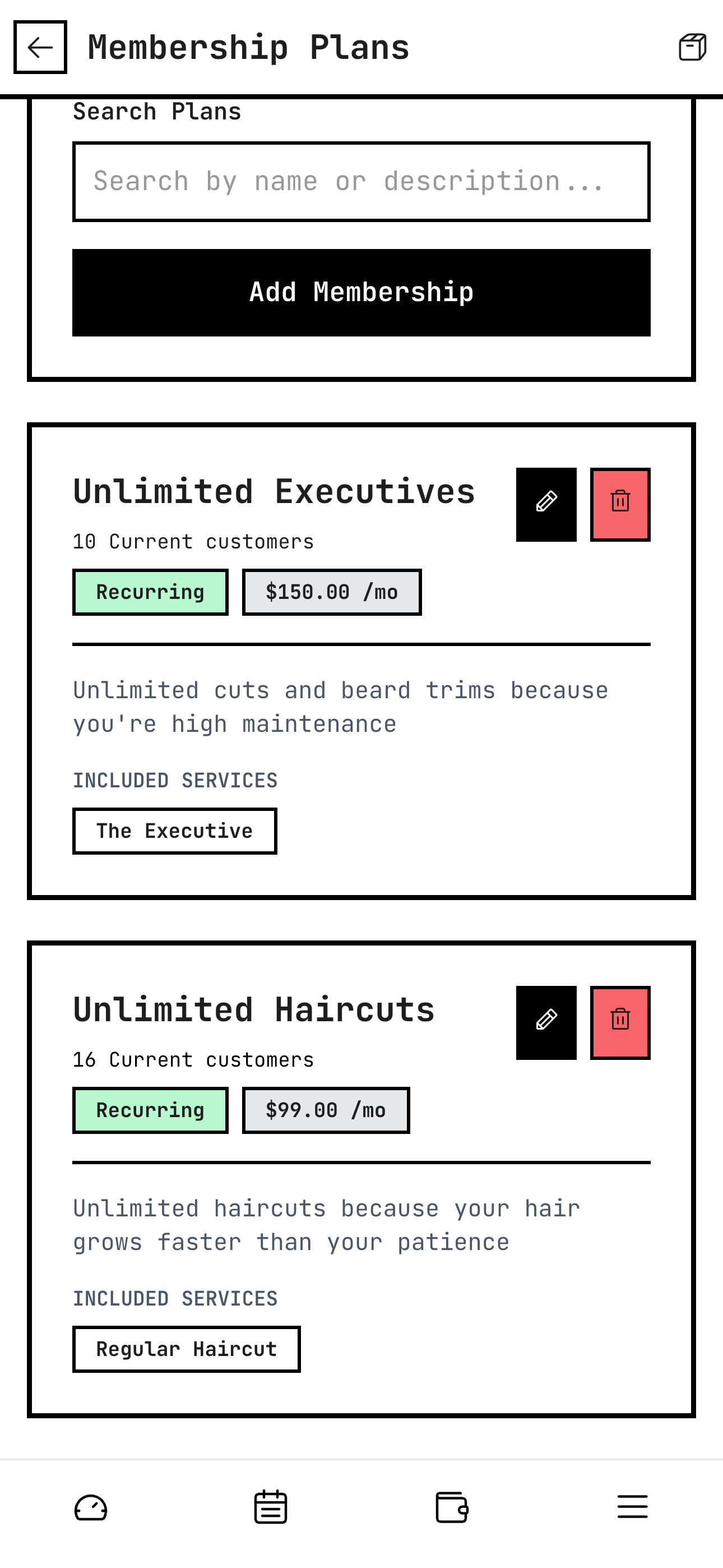 Owner membership settings screen